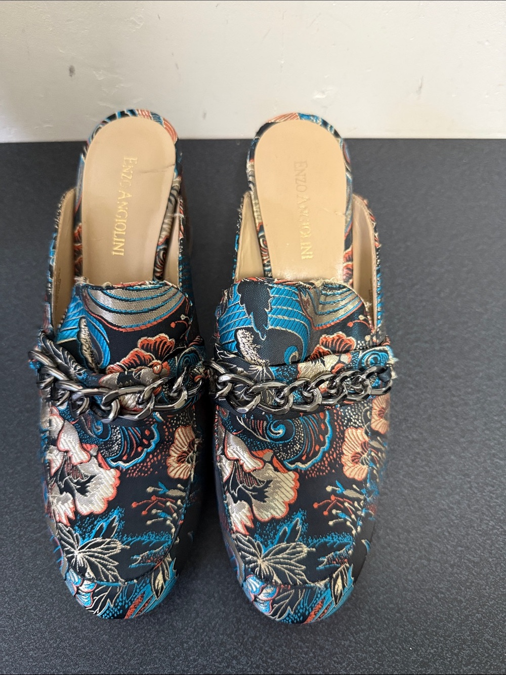 Enzo Angiolini Floral Jacquard Chain-Trim Slip-On Mules in Blue and Black